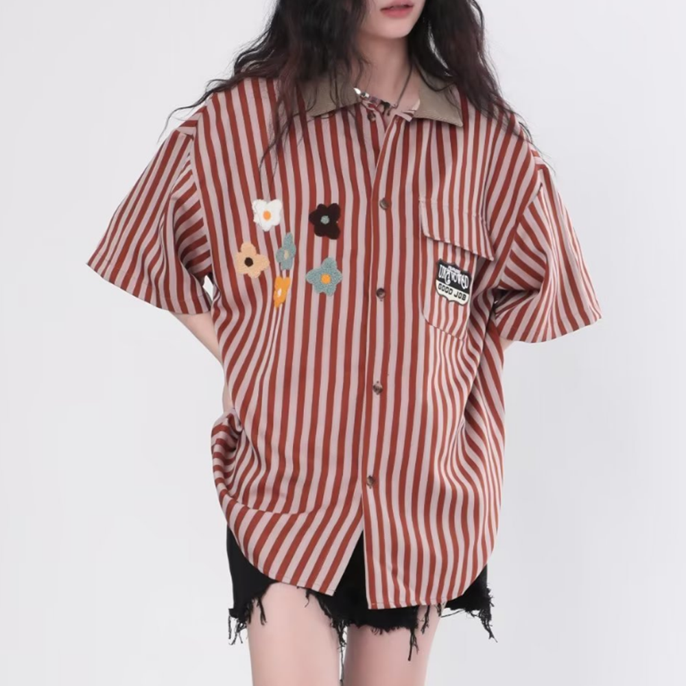 Preppy Stripe Floral Embroidered Shirt