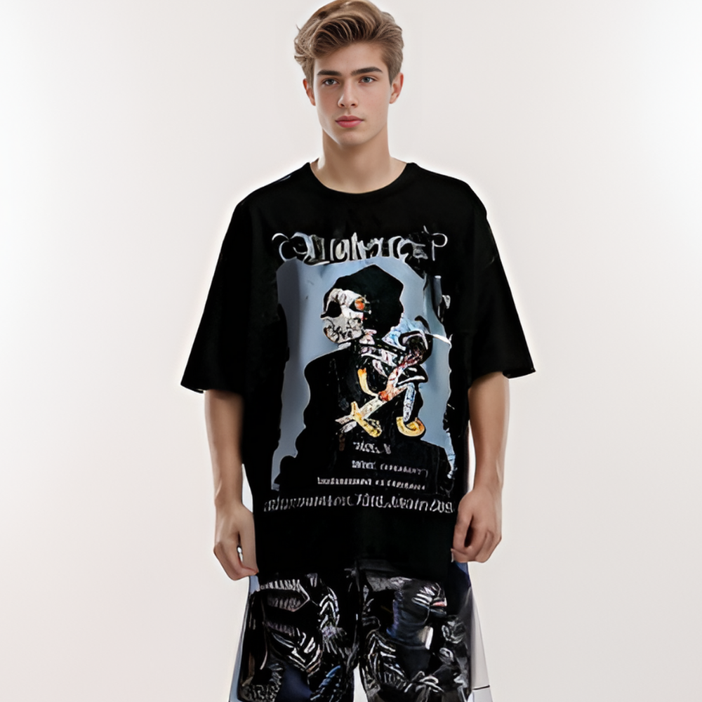American Skull Print Suede T-Shirt