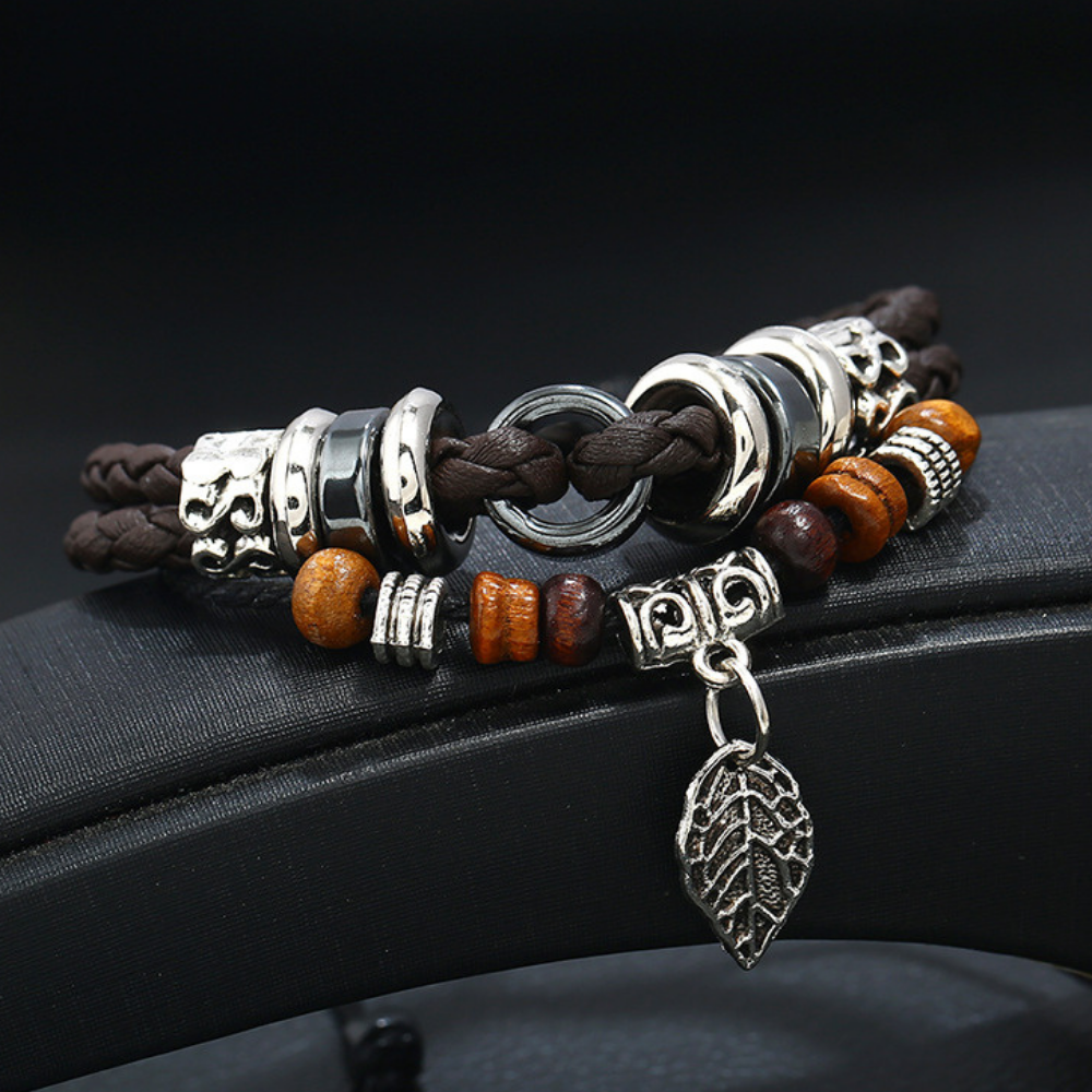 Korean Woven Leaf Pendant Leather Bracelet