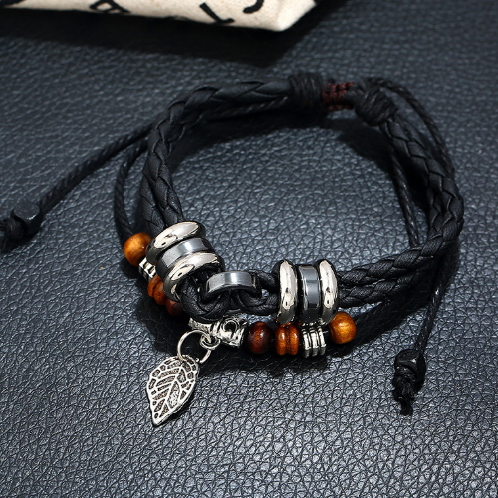 Korean Woven Leaf Pendant Leather Bracelet
