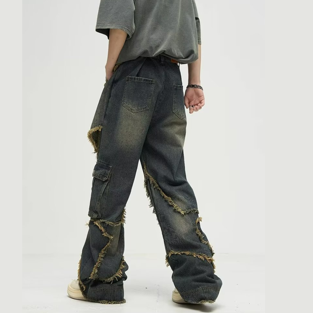 🔥High Street Pentagram Patched Raw Edge Jeans