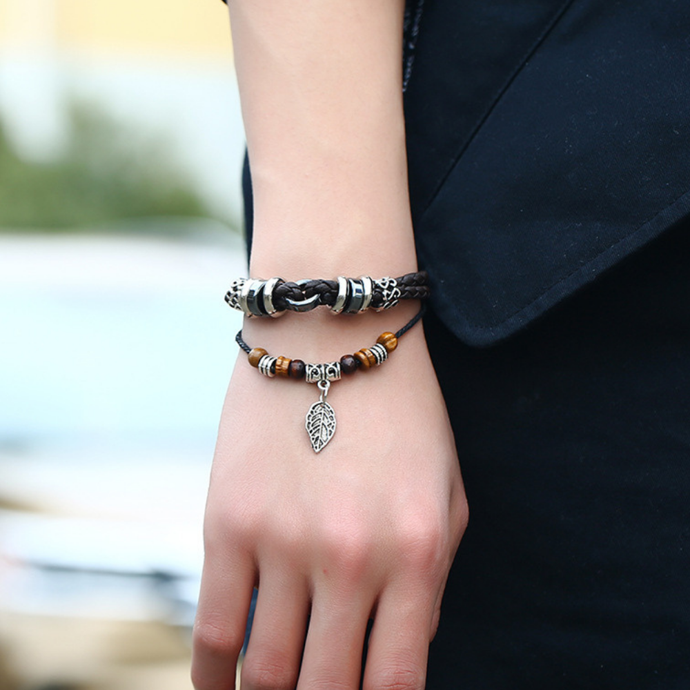 Korean Woven Leaf Pendant Leather Bracelet