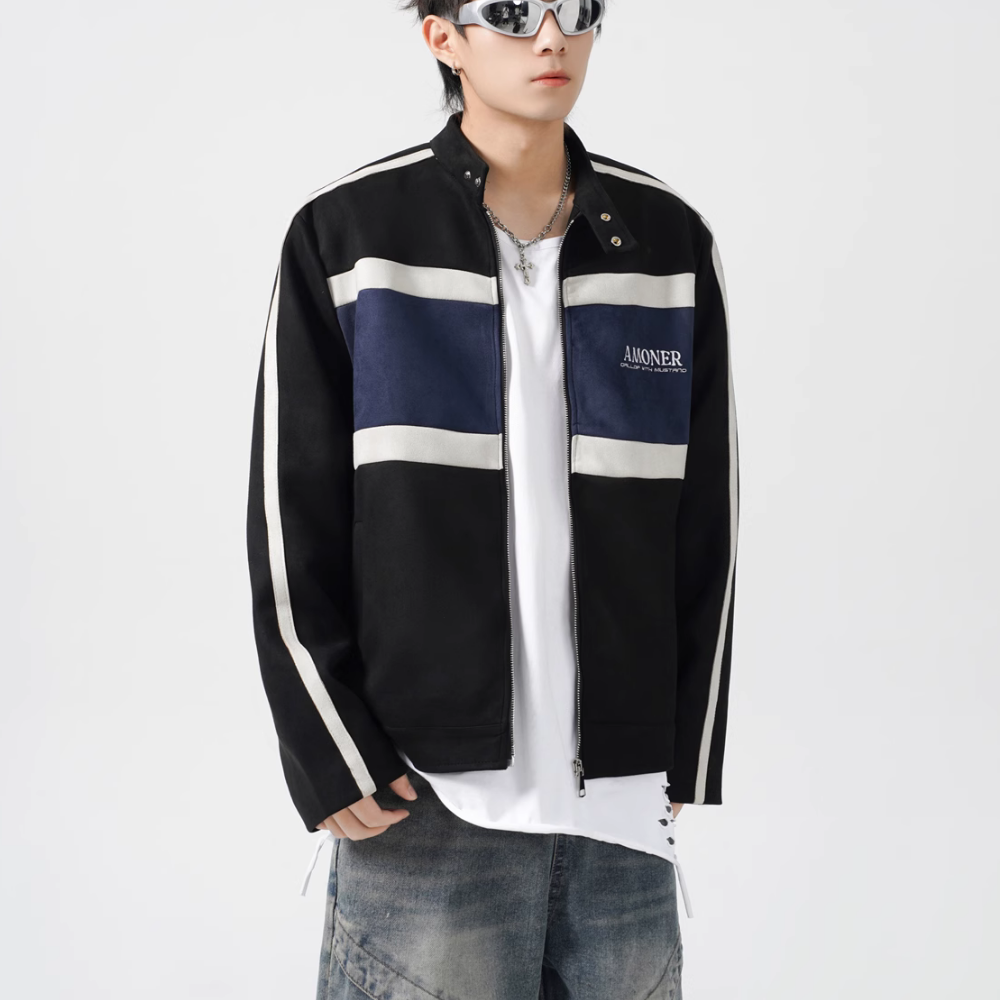 Contrast Stripe Suede Motorcycle Jacket