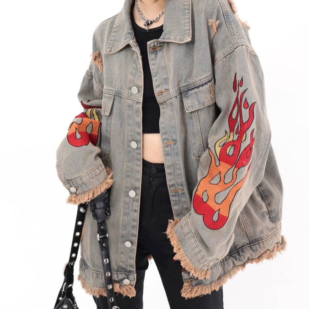 American Flame Embroidery Denim Jacket