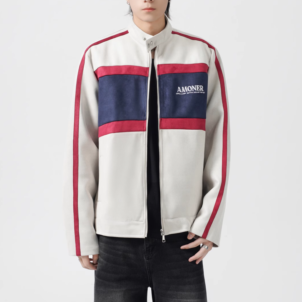Contrast Stripe Suede Motorcycle Jacket