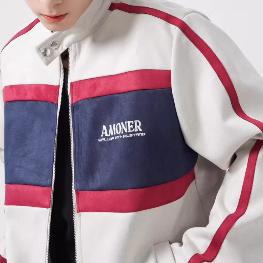 Contrast Stripe Suede Motorcycle Jacket