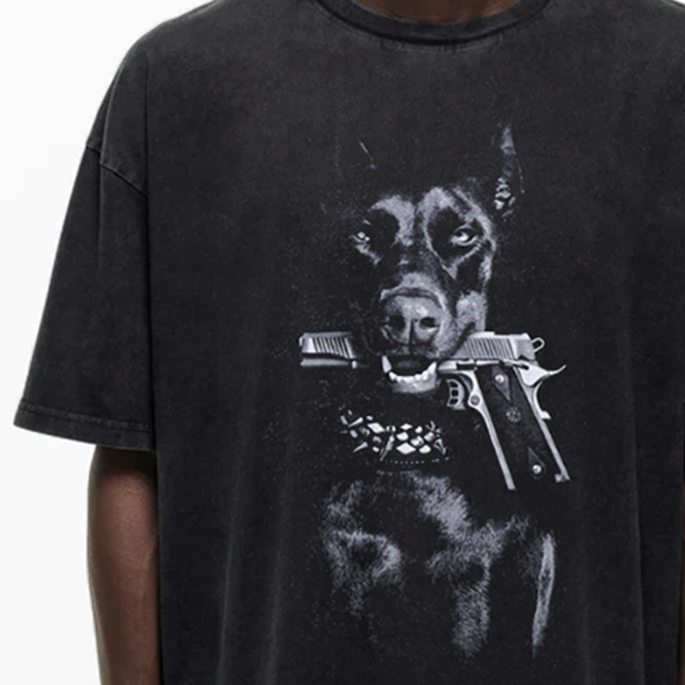 Dog Holding Gun Washed T-Shirt