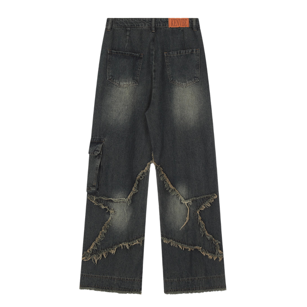 🔥High Street Pentagram Patched Raw Edge Jeans
