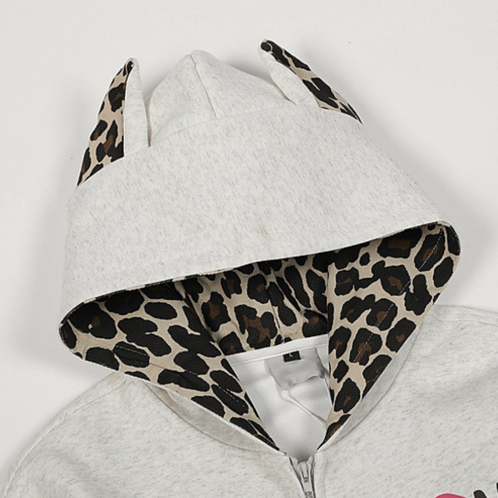 Designer Ear Leopard Print Zip Hoodie