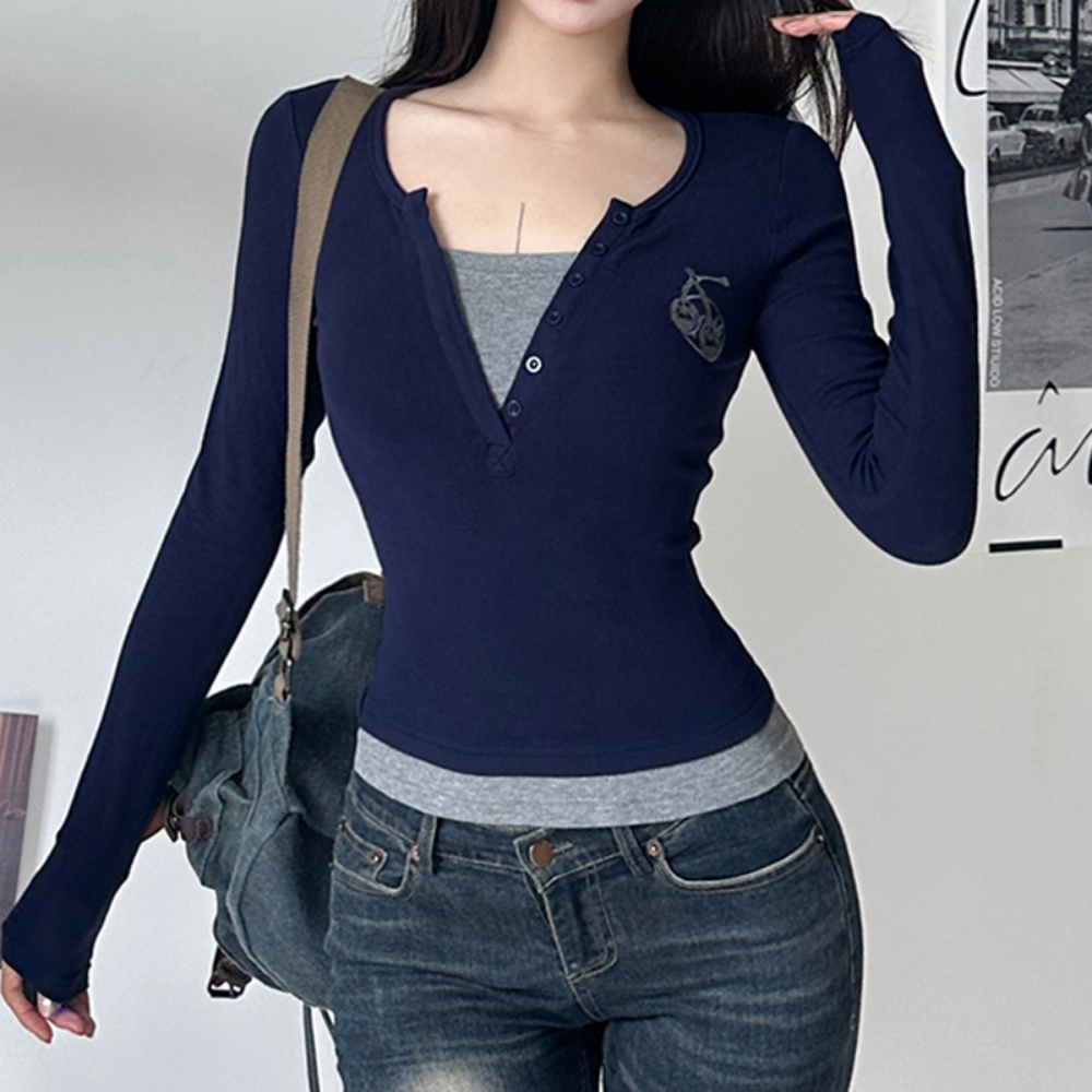 Women's Classic Fake Two Piece Long Sleeve