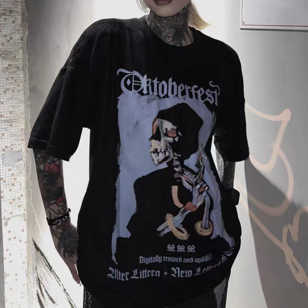 American Skull Print Suede T-Shirt