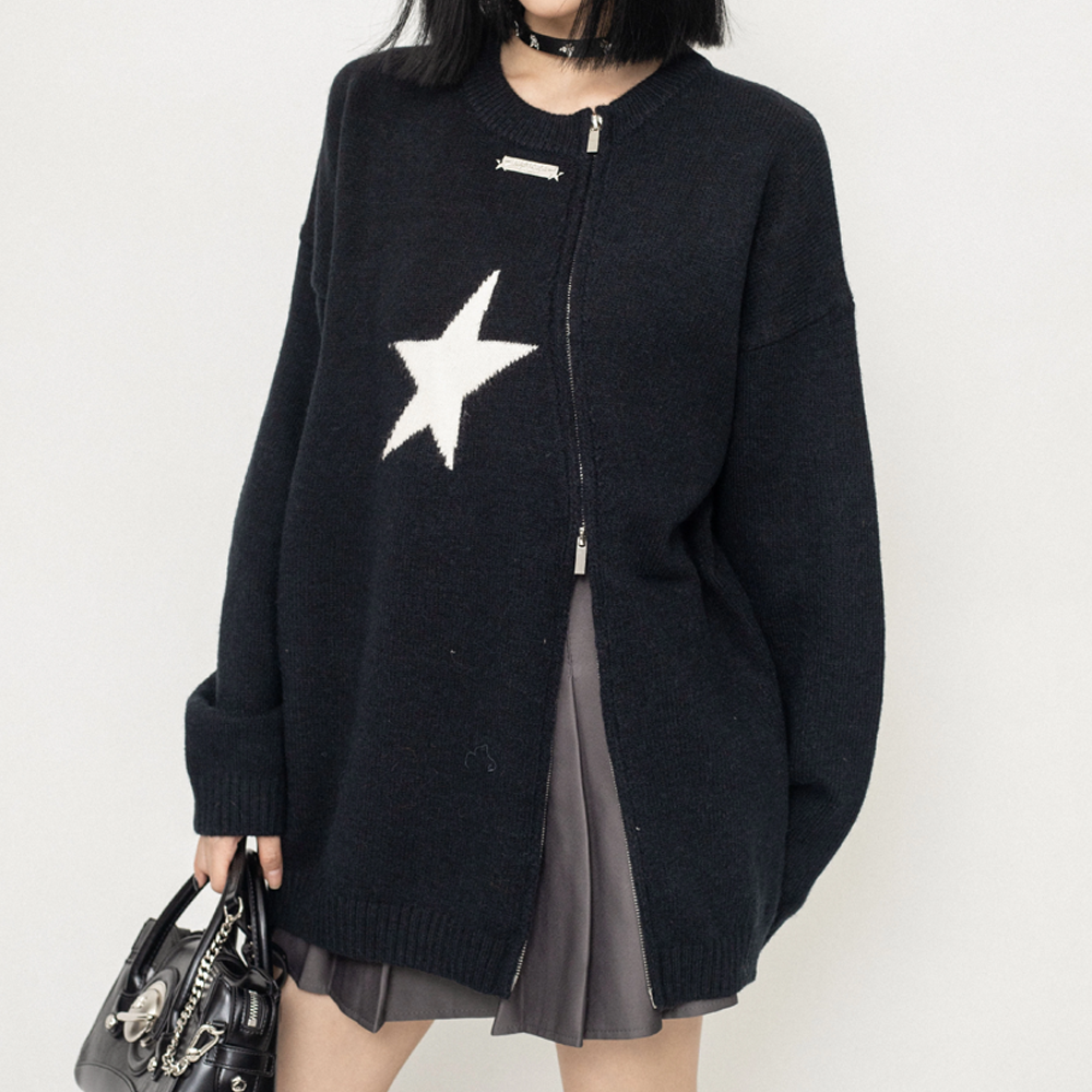 Cyber Envoy | Solid Color Star Zipper  Pullover Sweater