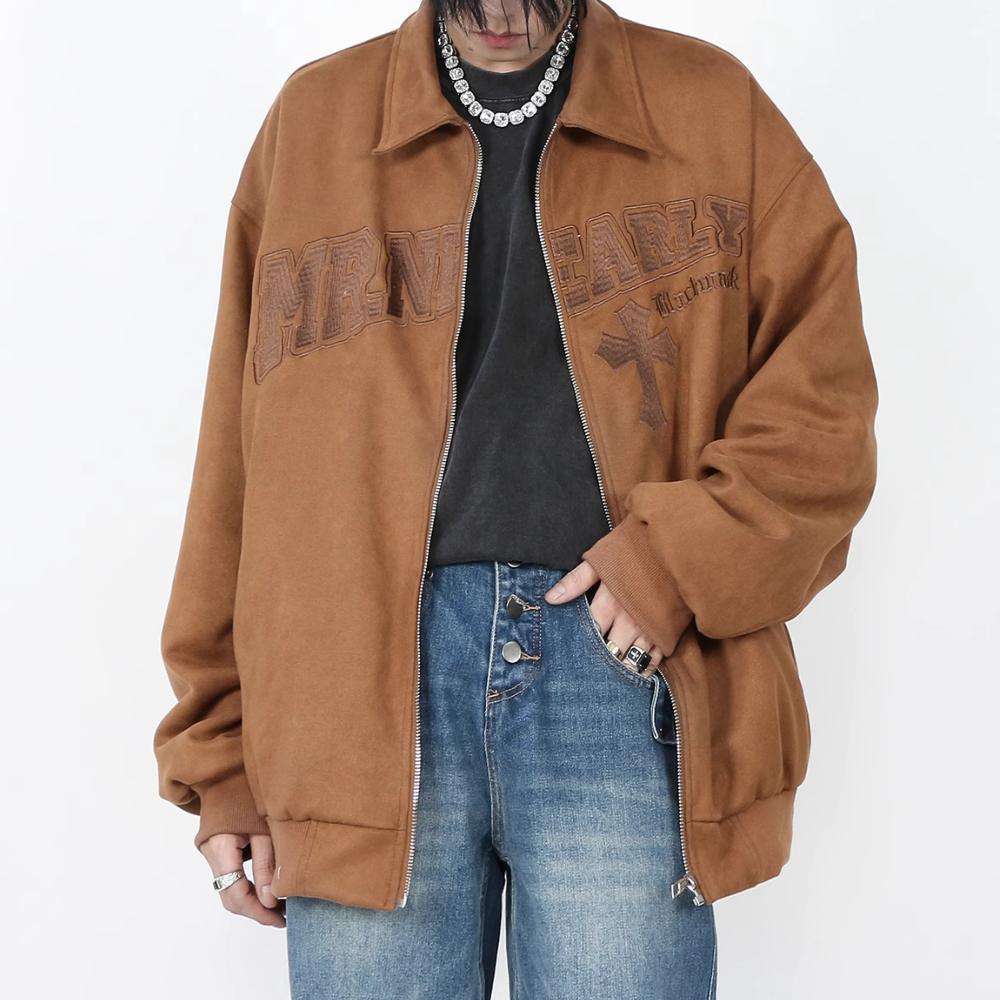 Cross Embroidered Suede Lapel Jacket
