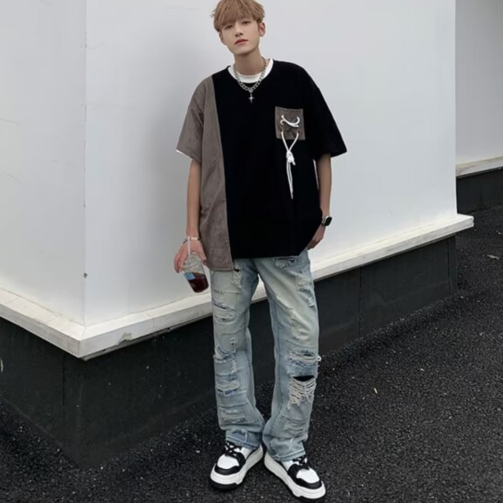 Pocket Drawstring Paneled T-shirt