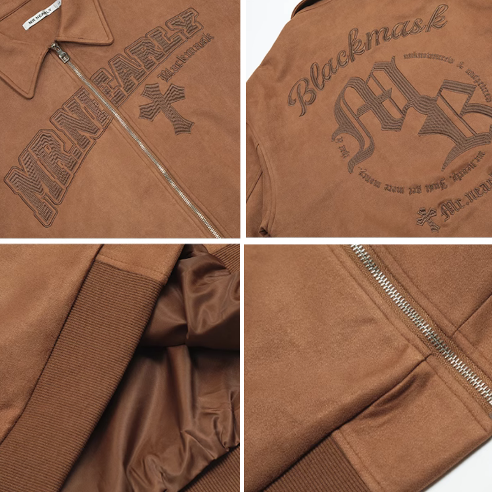 Cross Embroidered Suede Lapel Jacket
