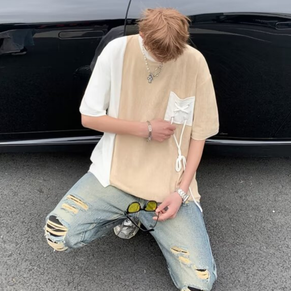 Pocket Drawstring Paneled T-shirt