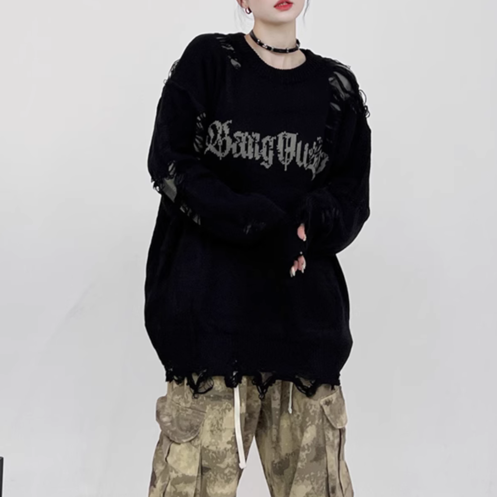 Versatile Solid Color Ripped Sweater