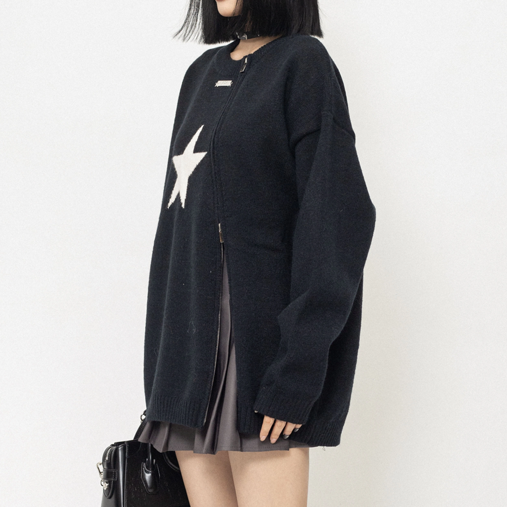 Cyber Envoy | Solid Color Star Zipper  Pullover Sweater