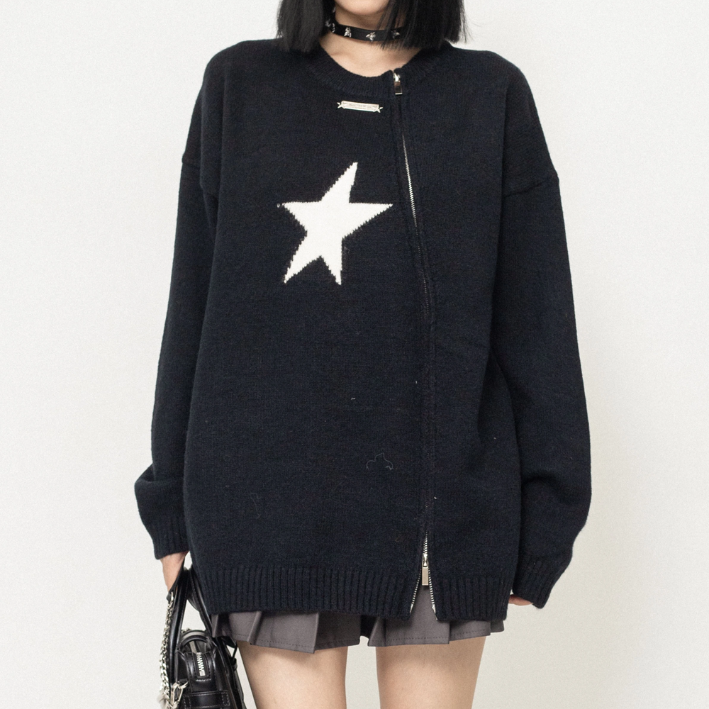 Cyber Envoy | Solid Color Star Zipper  Pullover Sweater