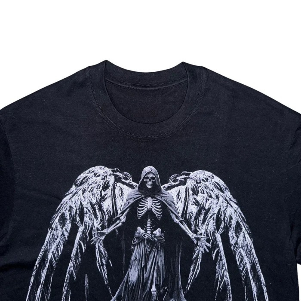 Unseen Echoes Fallen Angel Graphic Tee – Embrace the Dark Flight