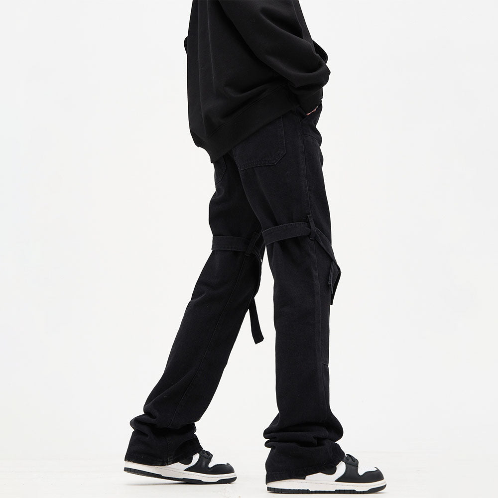 Street Rivet Bandage Belted Straight Jeans