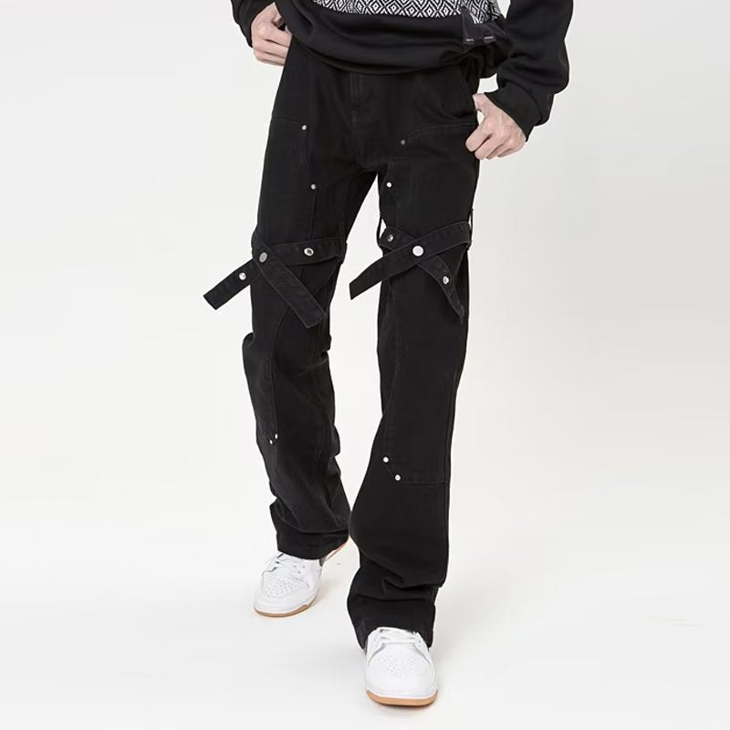 Street Rivet Bandage Belted Straight Jeans