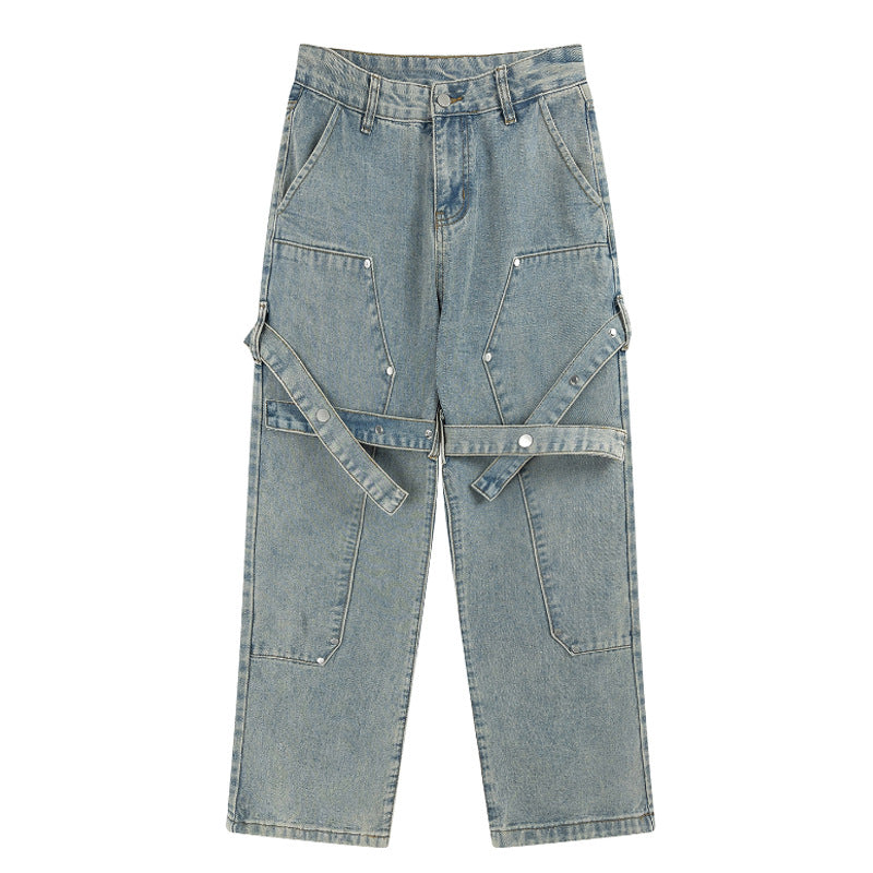 Street Rivet Bandage Belted Straight Jeans