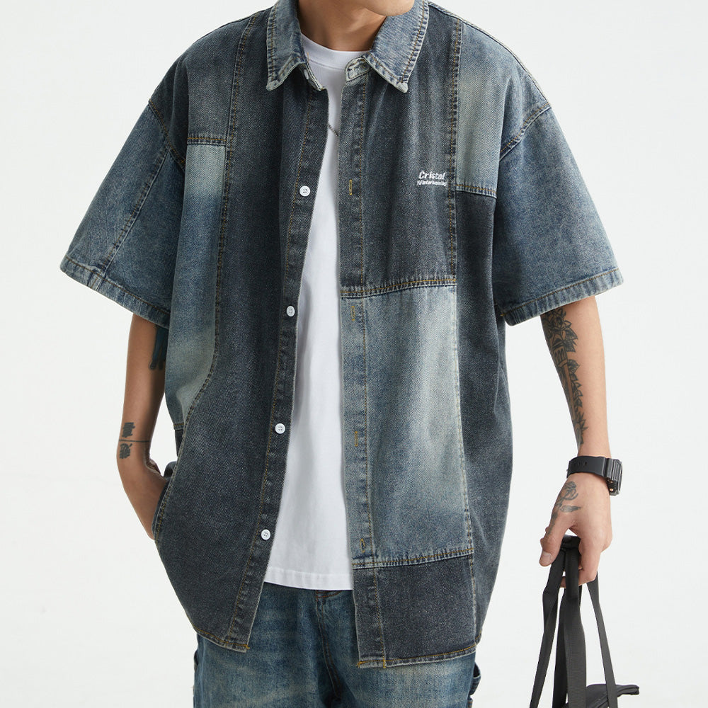 Vintage Panel Denim Short Sleeve Shirt