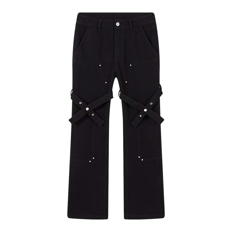 Street Rivet Bandage Belted Straight Jeans