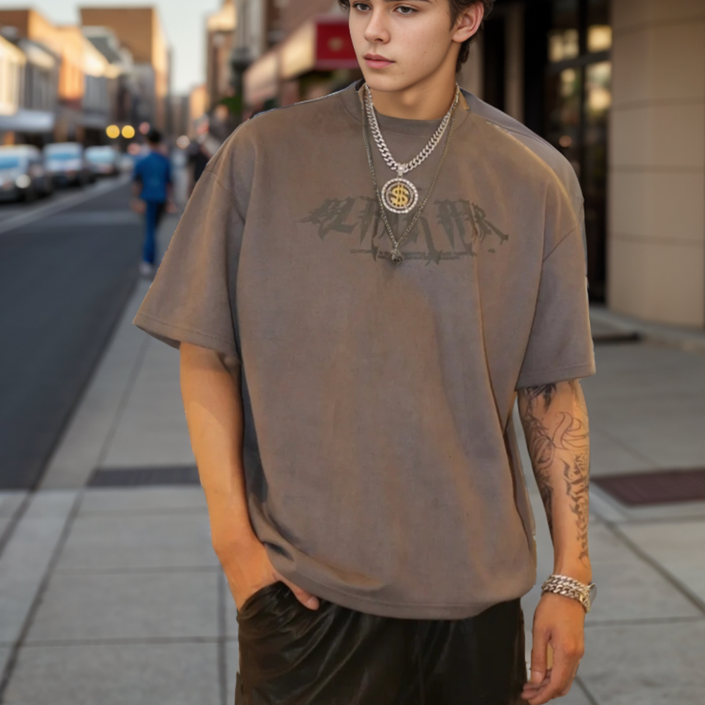 High Street Foamed Letters Suede T-Shirt