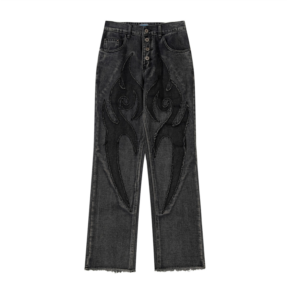 Retro Flame Patchwork Straight Fading Jeans