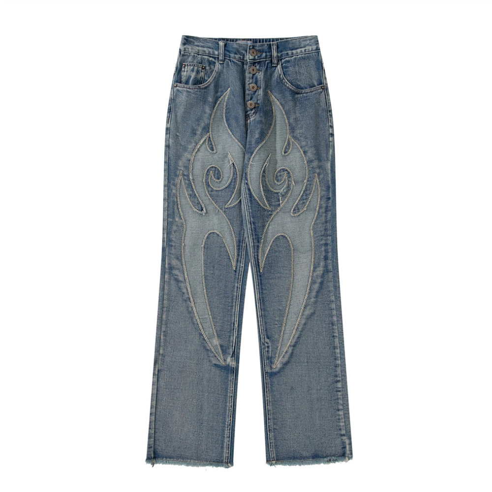 Retro Flame Patchwork Straight Fading Jeans