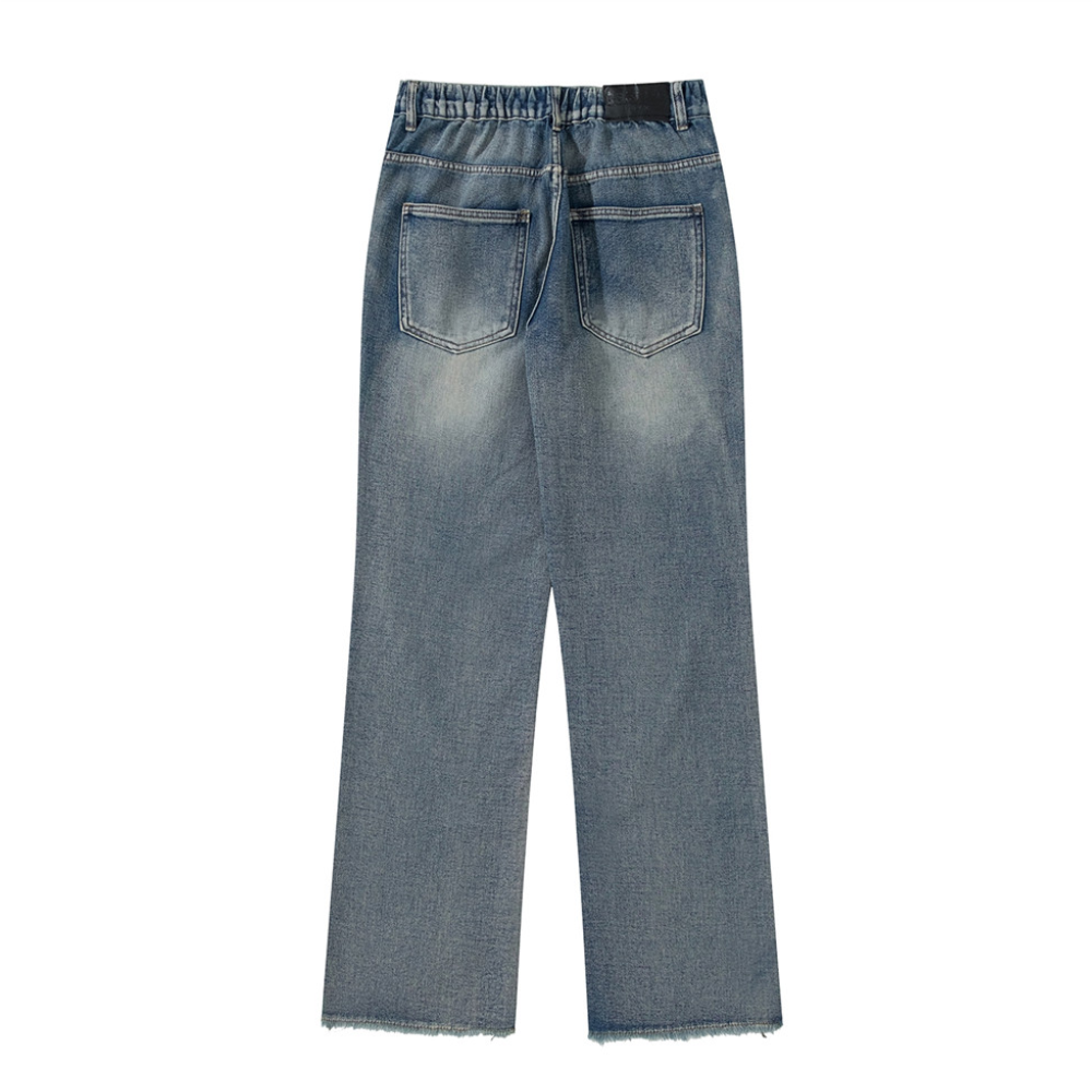 Retro Flame Patchwork Straight Fading Jeans