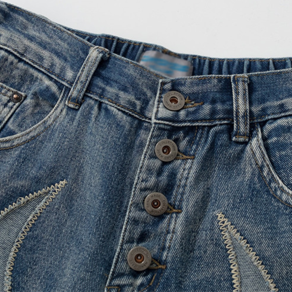 Retro Flame Patchwork Straight Fading Jeans