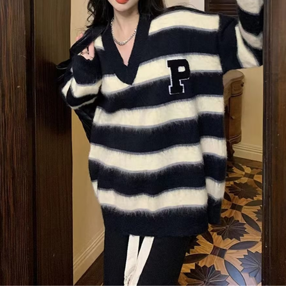 Women's Classic Letter P Striped Sweater