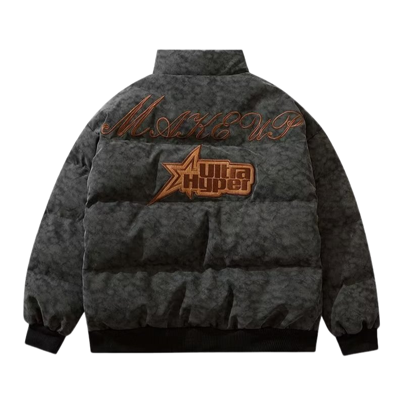 Loose Distressed Letter Zipper Puffer Coat