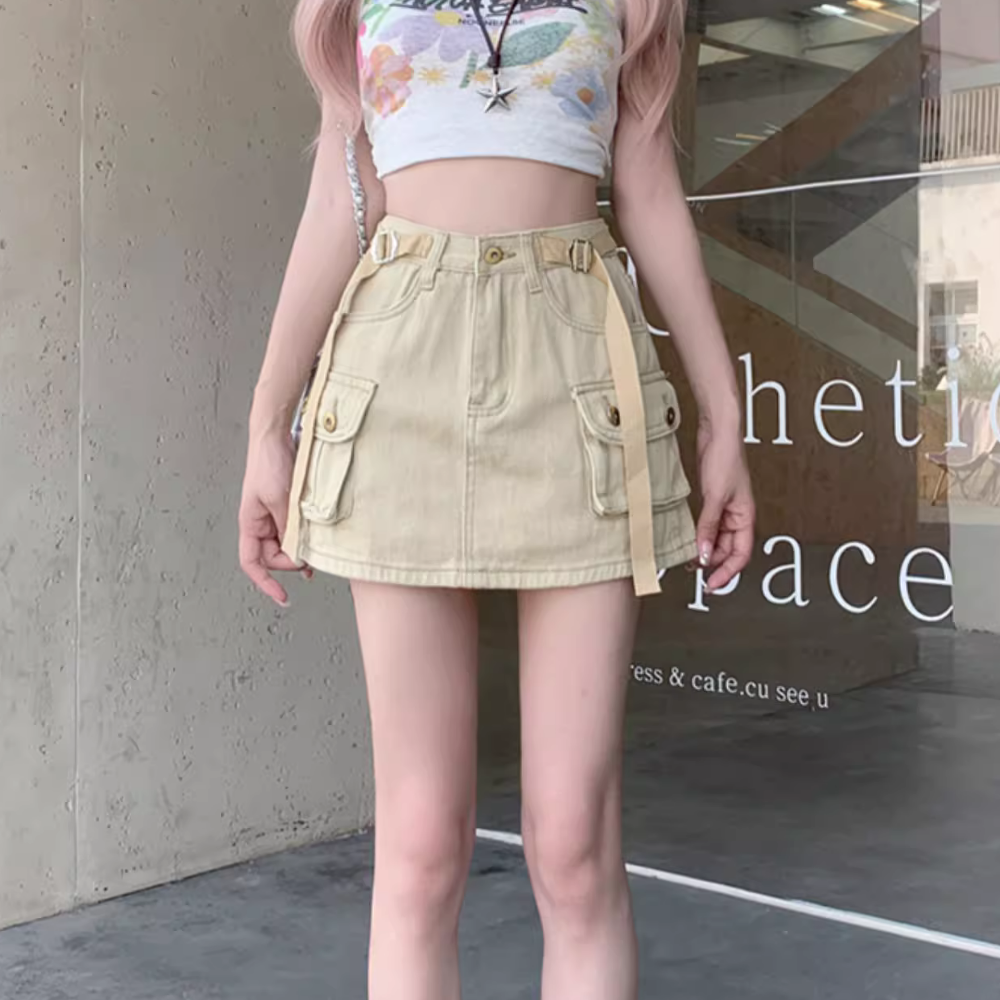 Women's Retro Solid Color Cargo Skirt